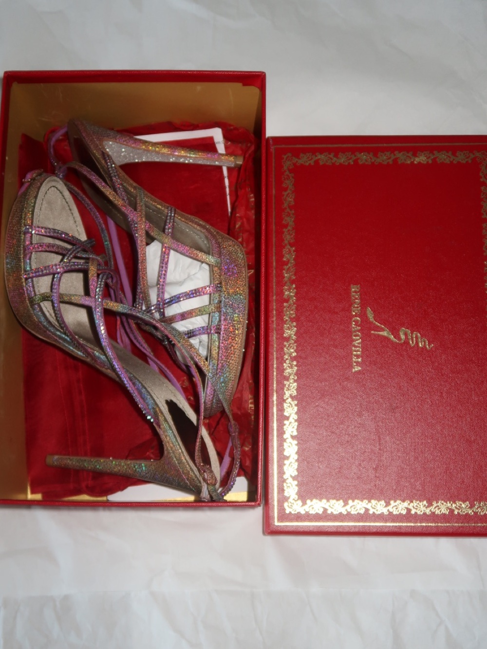 Rene Caovilla Iridescent Multicolor Strappy Stiletto Sandals